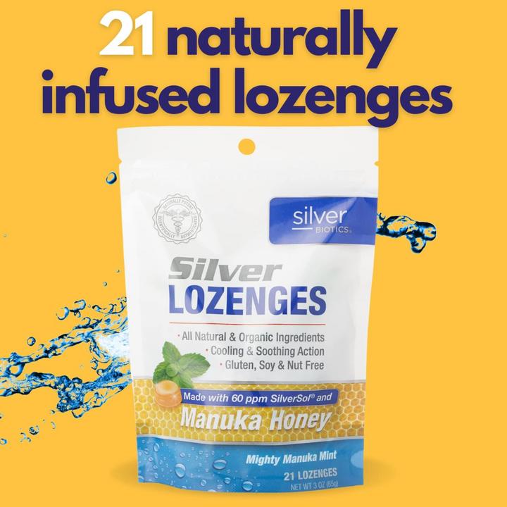 American Biotech Labs Silver Lozenges with Manuka Honey 60PPM 21 Count packaging with mint graphics.