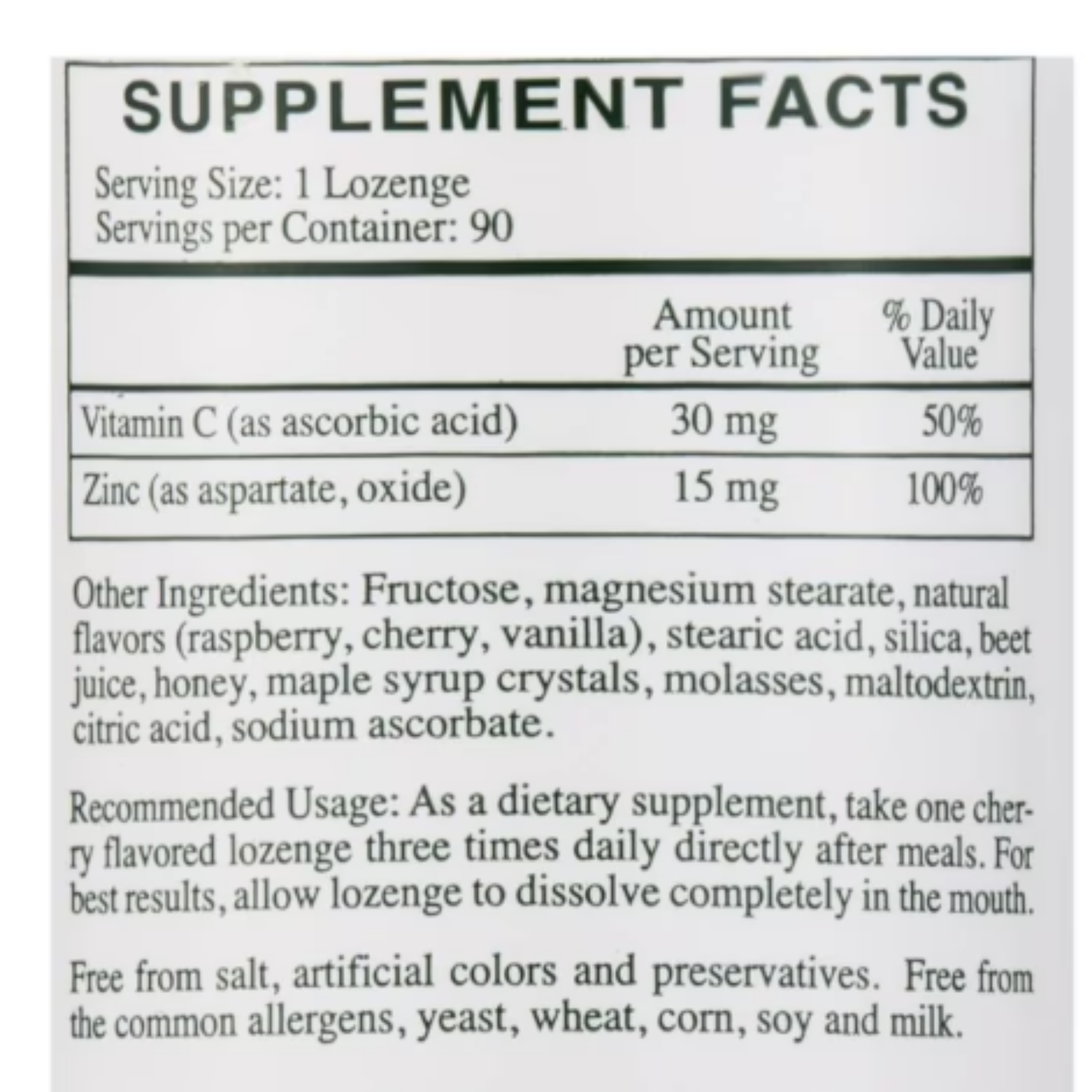 Supplement Facts for Rx Vitamins Zinc Lozenges, detailing Vitamin C and Zinc content per serving.