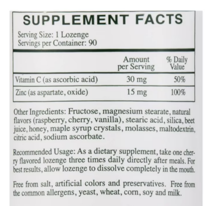 Supplement Facts for Rx Vitamins Zinc Lozenges, detailing Vitamin C and Zinc content per serving.