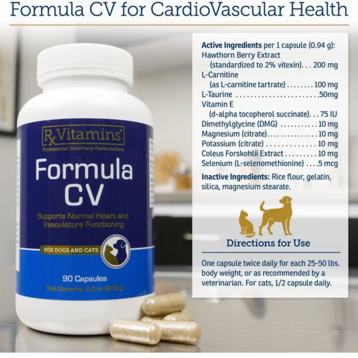 Rx Vitamins For Pets Formula CV Supplement 90 Capsules for Cats and Dogs bottle with active ingredients listed