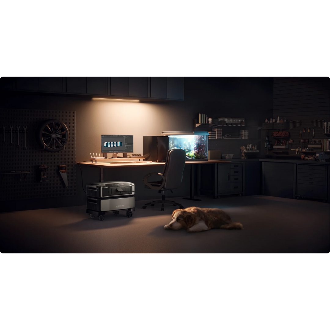 EcoFlow DELTA Pro Ultra Inverter + Qty 1 Battery + 400W Portable Solar Panel in a cozy workspace with a sleeping dog.