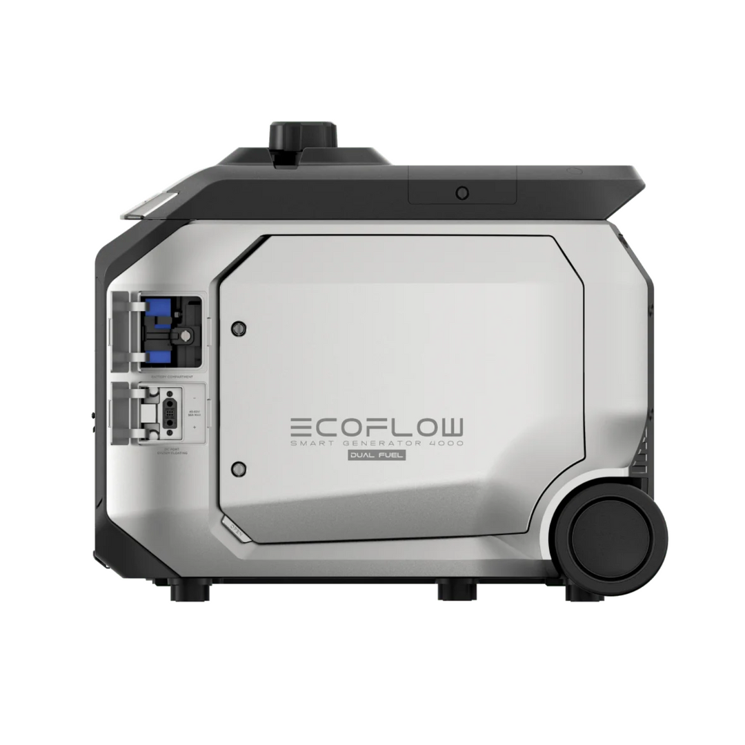 EcoFlow Smart Generator 4000 Dual Fuel side view with features and controls visible, showcasing its design and functionality.