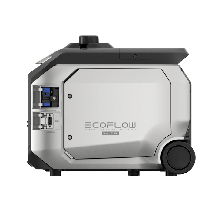 EcoFlow Smart Generator 4000 Dual Fuel side view with features and controls visible, showcasing its design and functionality.