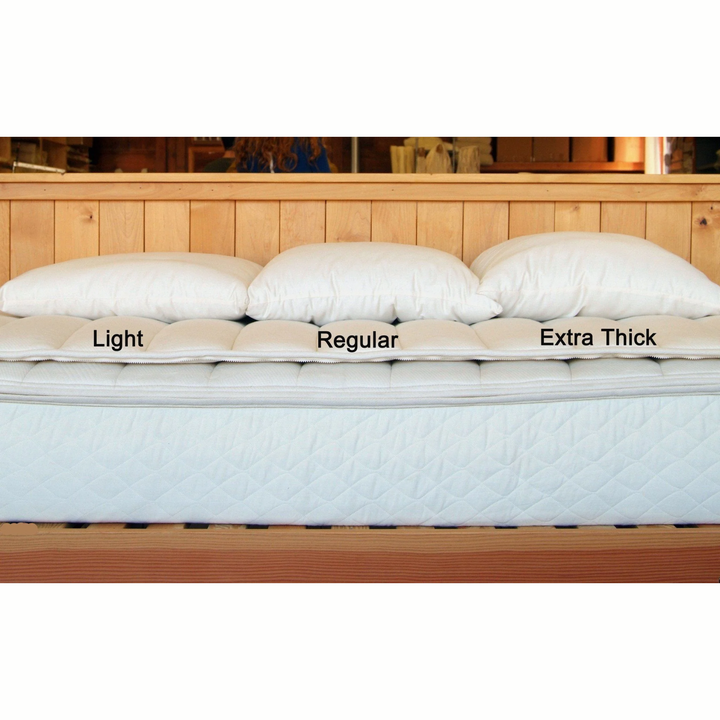 Image showing Holy Lamb Organics Wool Bed Pillows in Light, Regular, and Extra Thick options on a mattress.