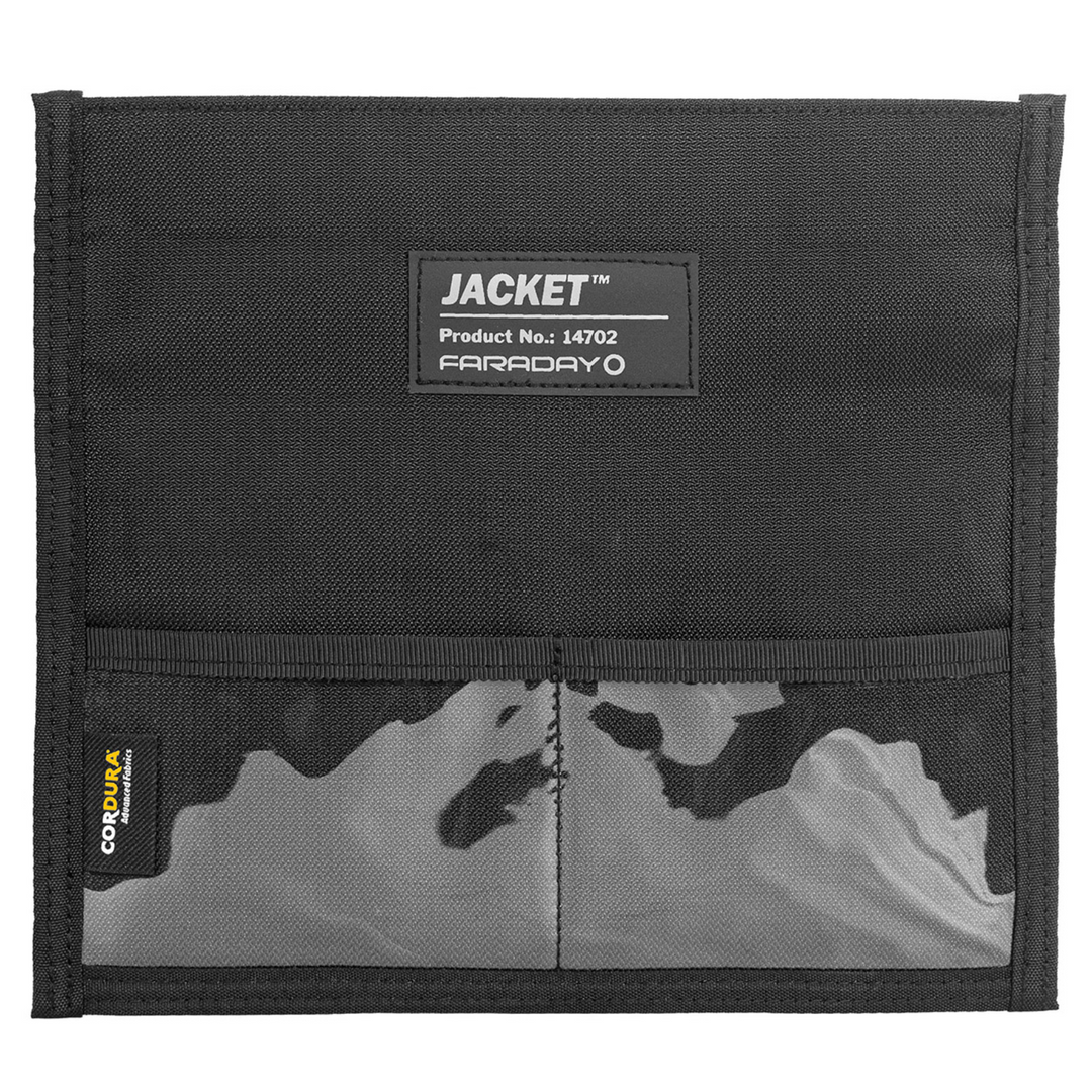 Faraday Jacket Pro Cordura Phone Bag with magnetic closure, SKU 14702, featuring black design and transparent pockets.