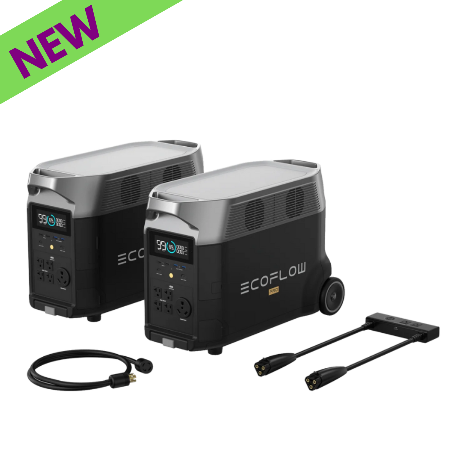 Qty 2 EcoFlow DELTA Pro Power Station + Double Voltage Hub with connectors and display, marked as new.