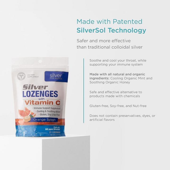 American Biotech Labs Silver Lozenges with Vitamin C package showcasing 60 ppm SilverSol technology and natural ingredients.