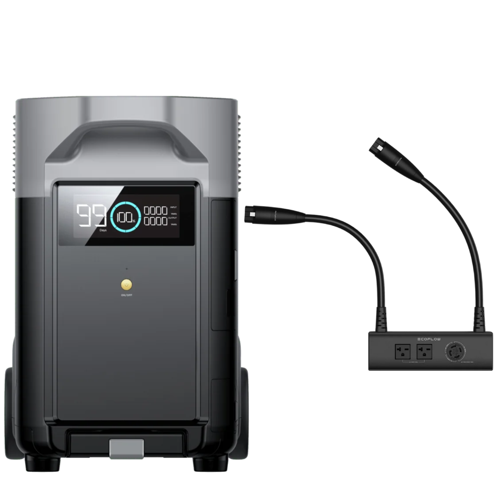 EcoFlow DELTA Pro Extra Battery + Voltage Hub: Home Backup Solar Power Solution with display and connectors.