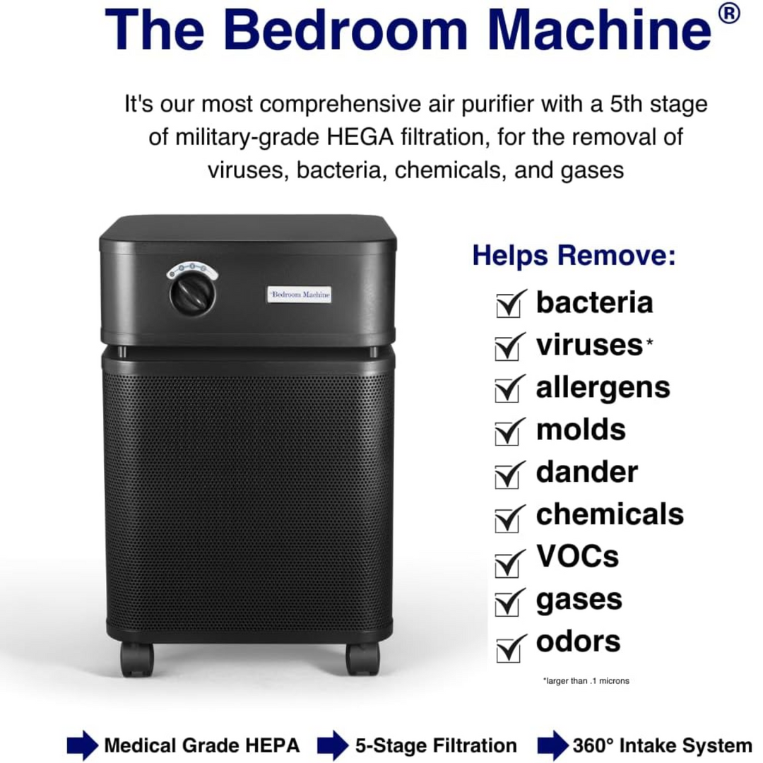 Austin Air HEPA Bedroom Machine with 5-stage filtration for removing bacteria, viruses, and chemicals.