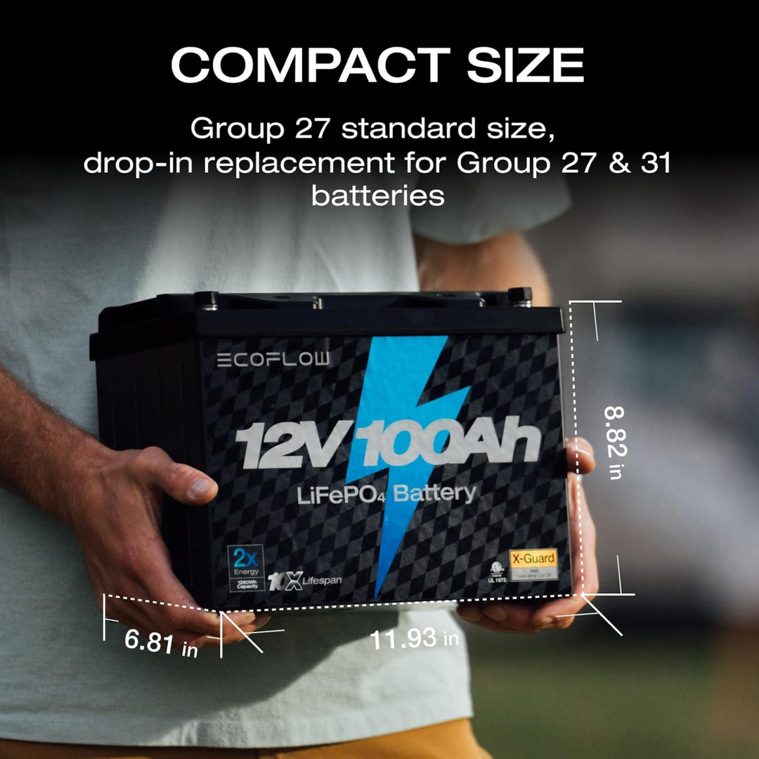 Qty 14 EcoFlow Lithium Battery Deep Cycle 12V 100Ah LiFePO4 Backup in compact size with dimensions