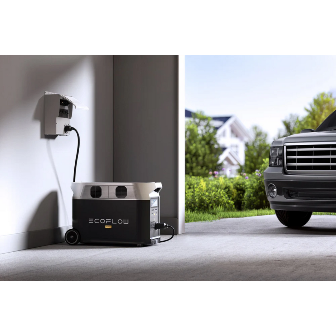 EcoFlow DELTA Pro Portable Power Station charging at home with a vehicle nearby.