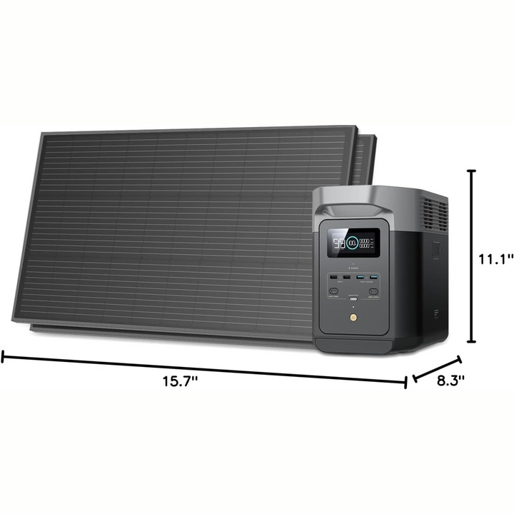 EcoFlow DELTA 2 Portable Power Station + QTY 2 100W Rigid 12V Solar Panels with dimensions and design features.