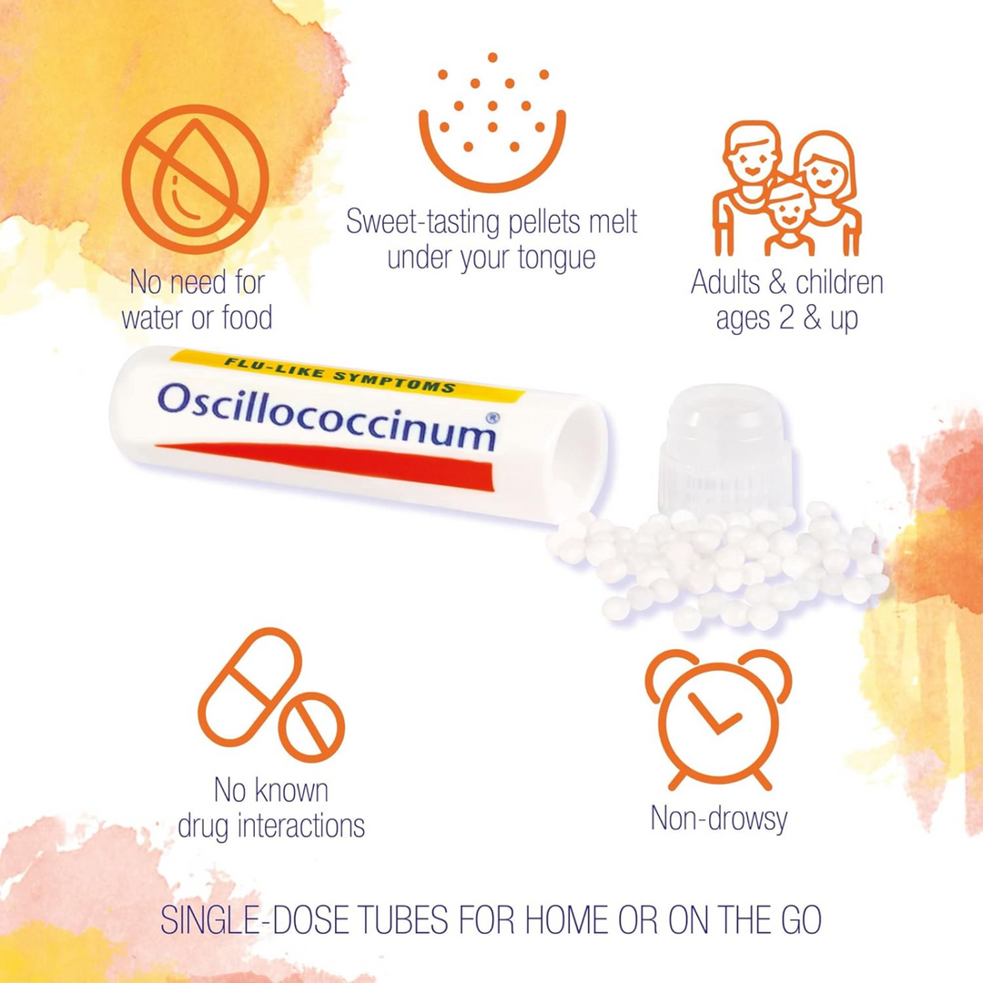 Boiron Laboratories Oscillococcinum 12 product with sweet-tasting pellets for flu-like symptoms, suitable for ages 2 and up