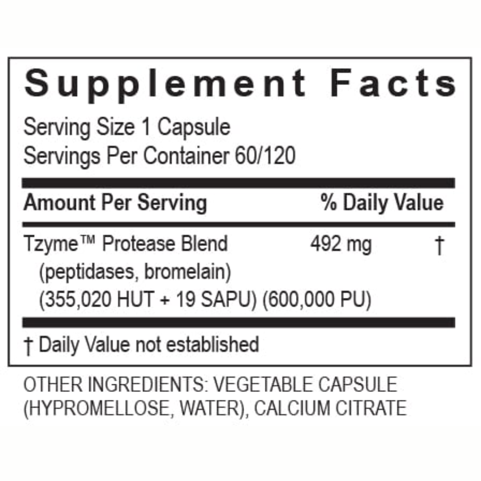 Transformation Enzymes Protease Blend Supplement Facts label with details on serving size and ingredients.