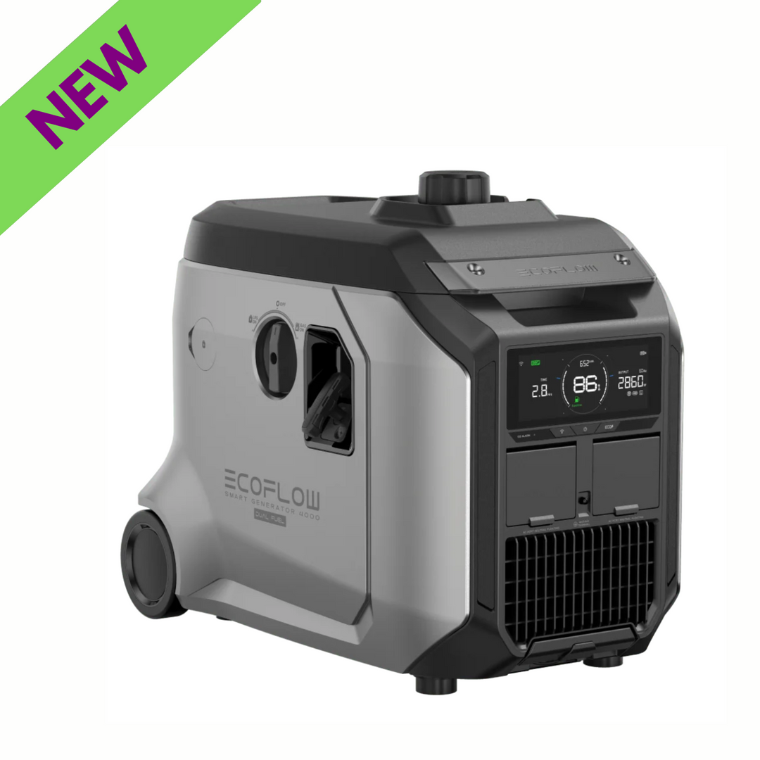 EcoFlow Smart Generator 4000 Dual Fuel With LPG &amp; Gasoline 3200W DC Output with digital display and wheels.