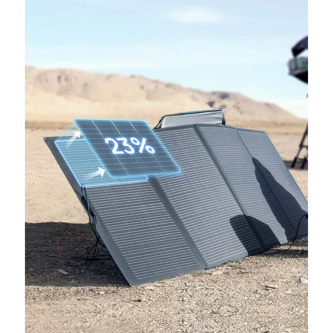 EcoFlow DELTA Pro 3 Solar Power Kit showing 23% charge level on 400W solar panel in outdoor setting.
