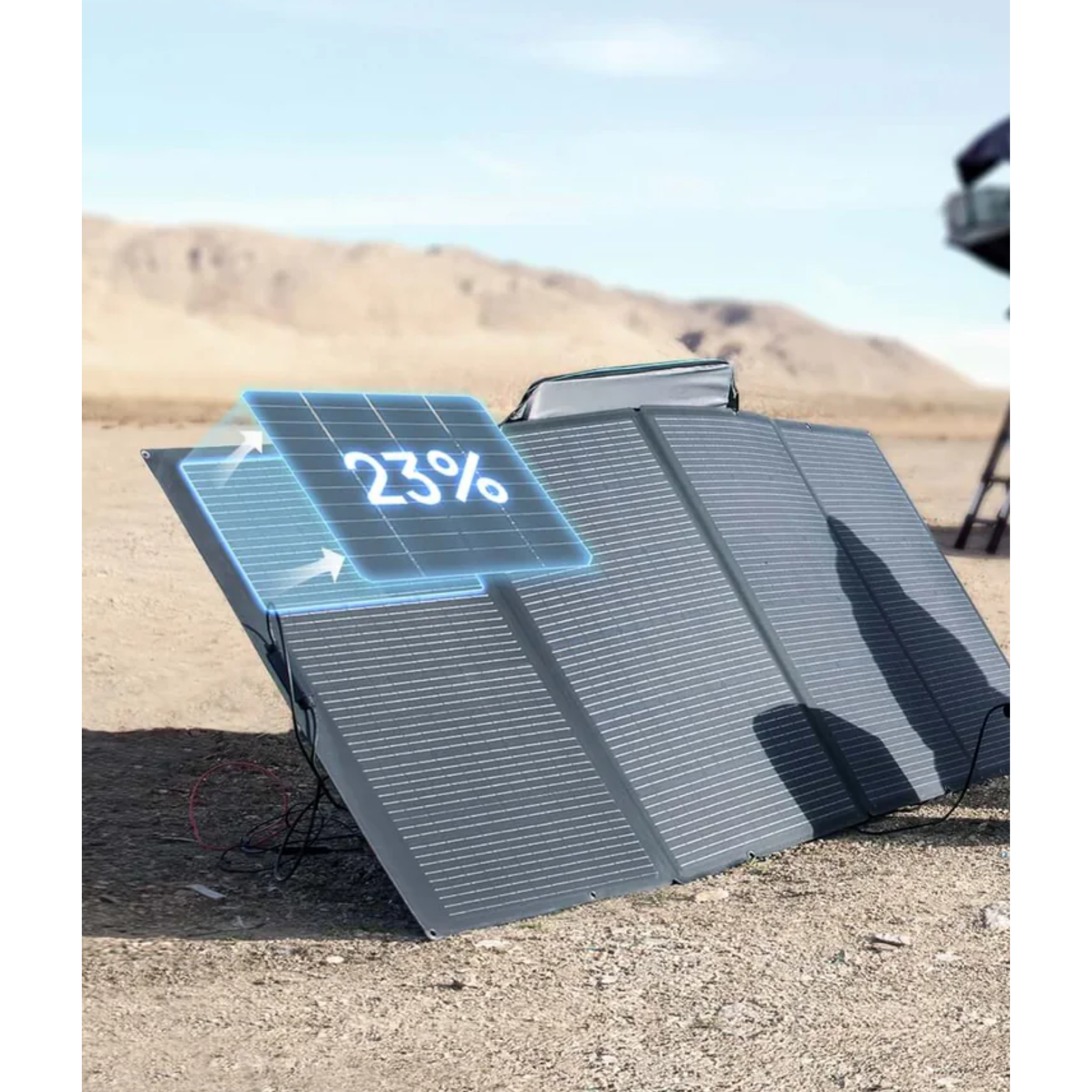 EcoFlow DELTA Pro 3 Solar Power Kit showing 23% charge level on 400W solar panel in outdoor setting.