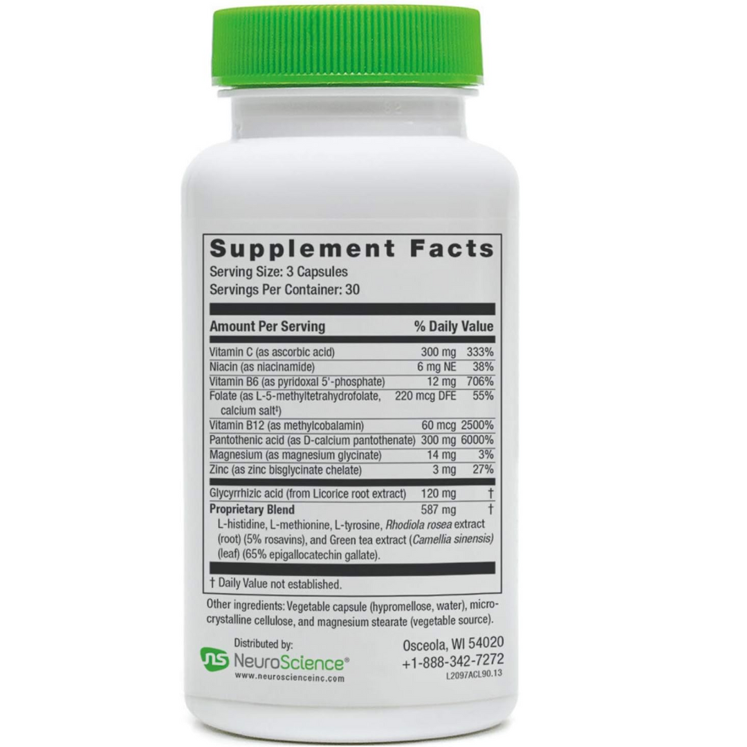 NeuroScience AdreCor Supplement Facts for energy support with licorice root - 90 capsules.