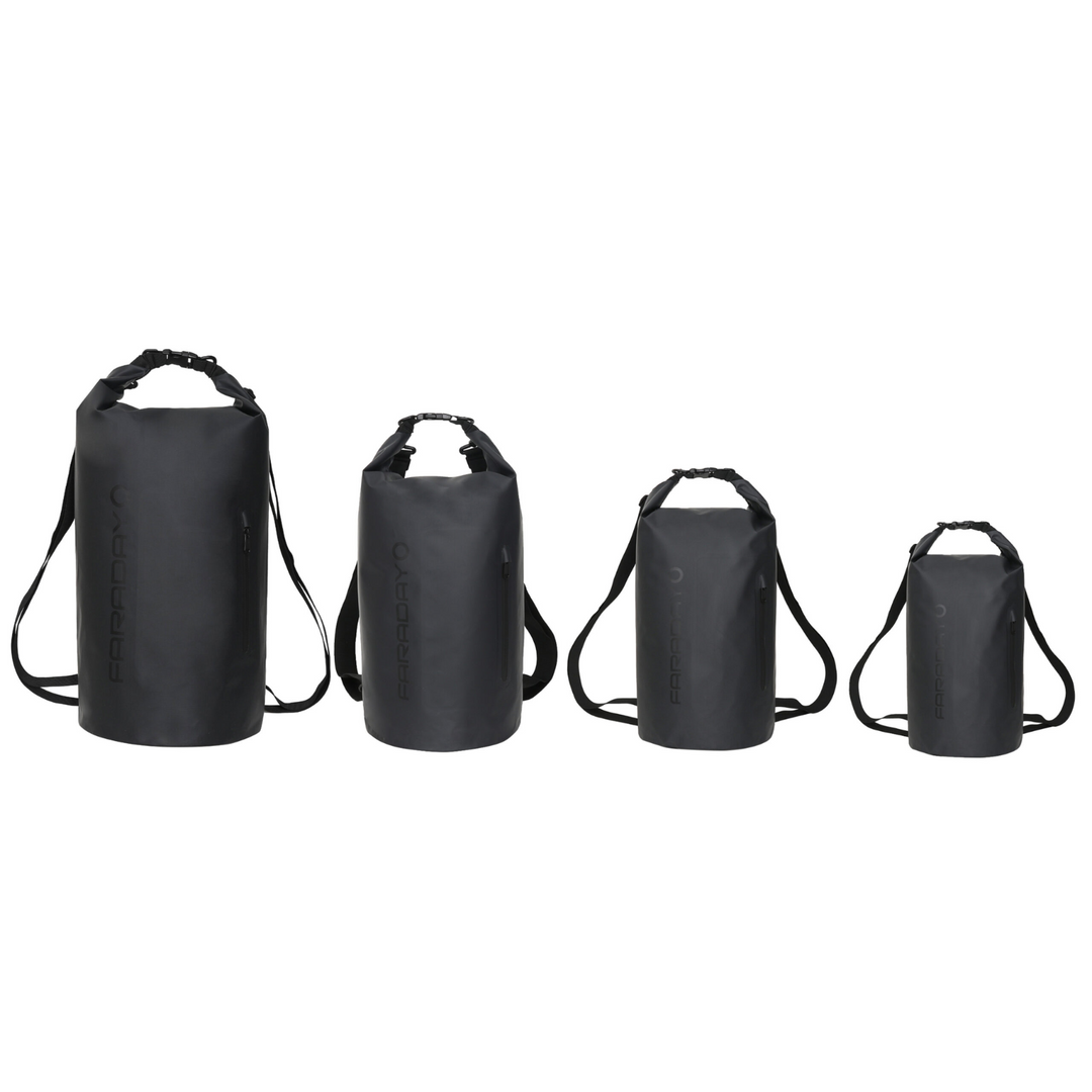 Faraday Dry Bag Sling Pack Stealth Black 10L waterproof backpacks in various sizes for outdoor adventures.