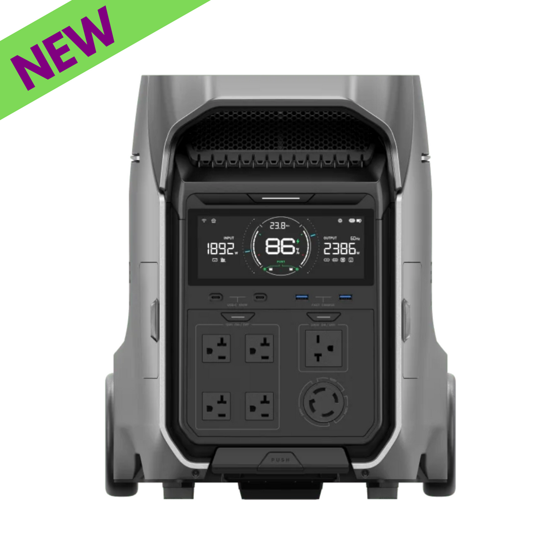 EcoFlow DELTA Pro 3 Power Station with digital display and multiple outputs for home backup and outdoor use.