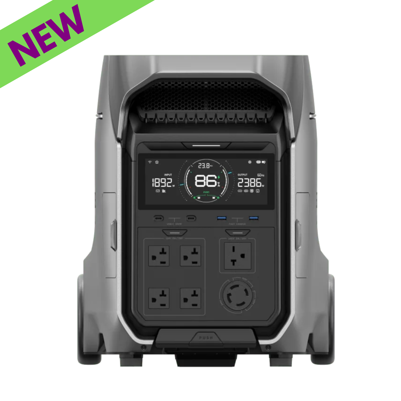 EcoFlow DELTA Pro 3 Power Station with digital display and multiple outputs for home backup and outdoor use.