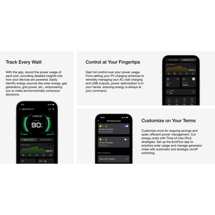 EcoFlow DELTA Pro 3 Power Station app interface showing power tracking and management features.