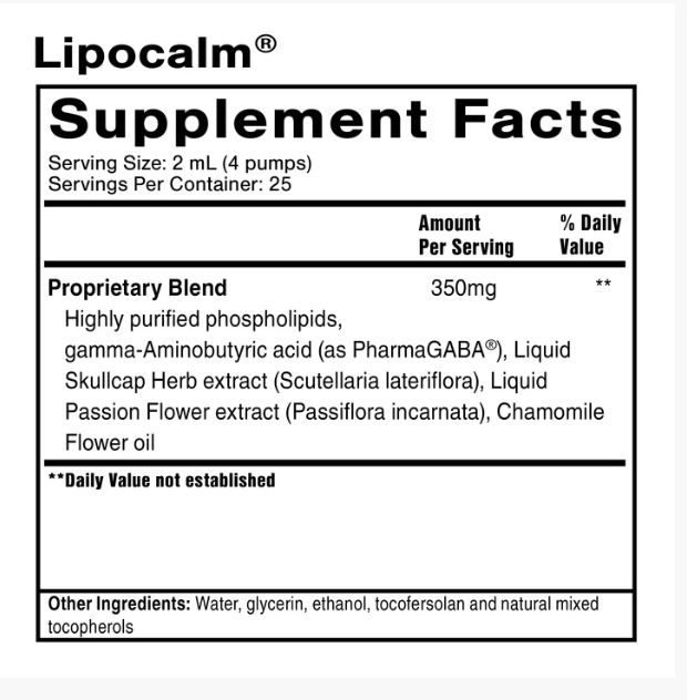 Liposomal LipoCalm supplement facts, 25 servings, proprietary blend including gamma-Aminobutyric acid, Liquid Skullcap Herb, Liquid Passion Flower, Chamomile Flower oil.