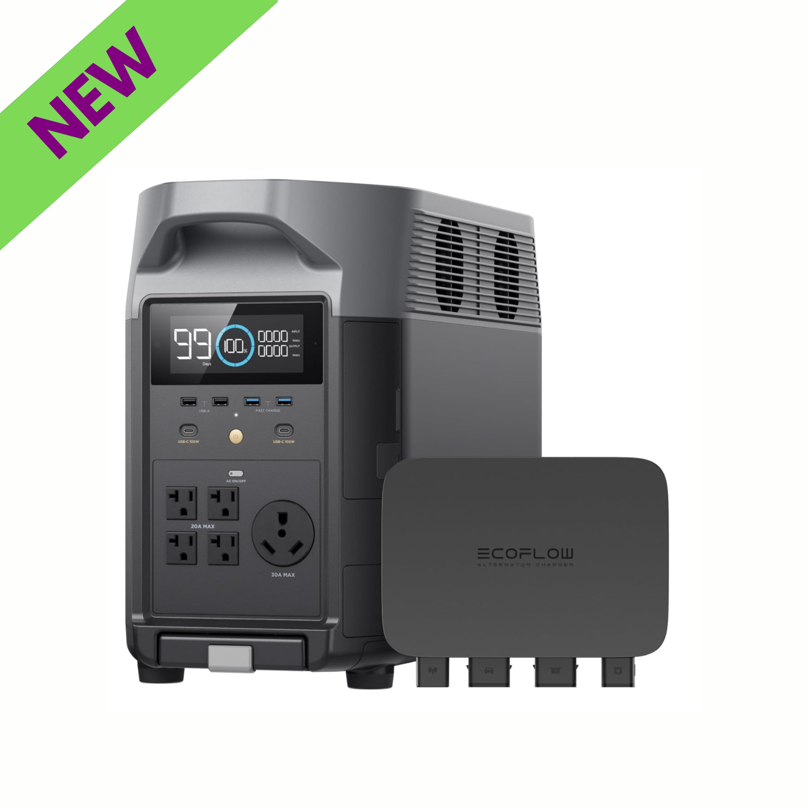 EcoFlow 800W Alternator + DELTA Pro Portable Power Station showcasing new design and multiple ports for charging.