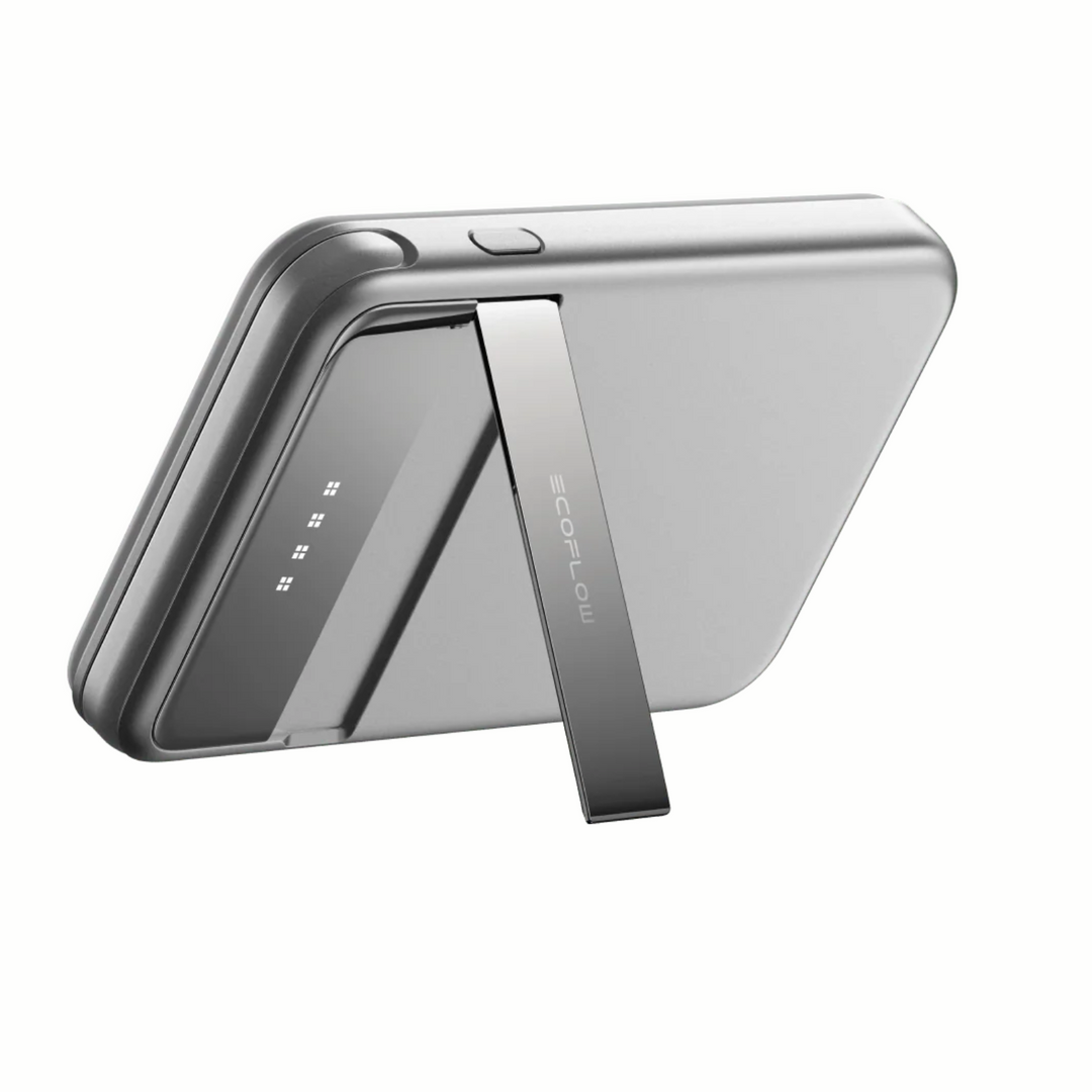 EcoFlow Rapid Magnetic Wireless Power Bank 5000mAh Portable Charger in silver with built-in stand.