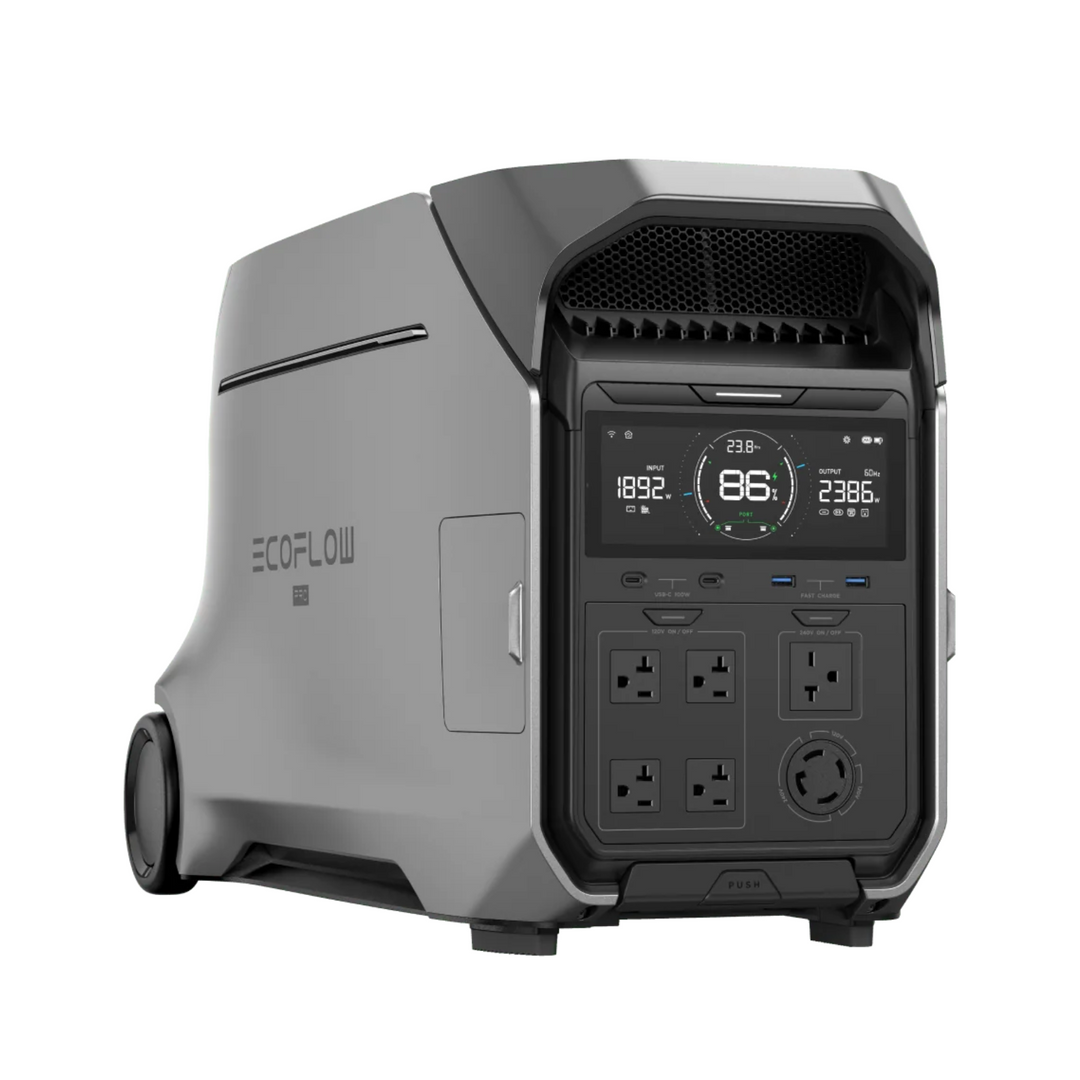 EcoFlow DELTA Pro 3 Power Station with digital display and multiple ports for home backup and outdoor use.