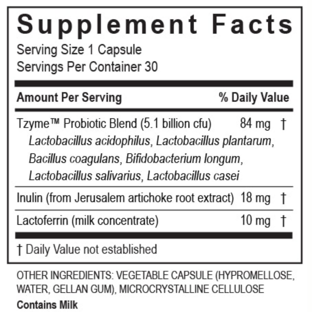 Transformation Enzymes Probiotic Supplement Facts panel showing ingredients and nutritional information for gut health.