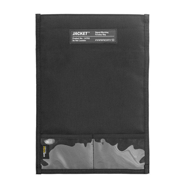Faraday Jacket Pro Cordura Tablet Bag with magnetic closure; SKU 14703, signal blocking, black design.