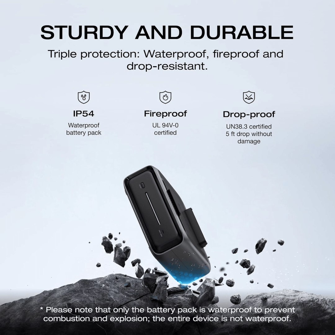 EcoFlow RIVER 3 Plus Extra Battery showcasing sturdy and durable design with waterproof, fireproof, and drop-resistant features.