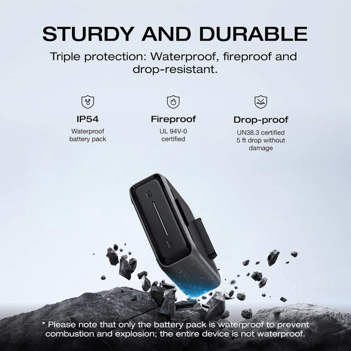 EcoFlow RIVER 3 Plus Extra Battery showcasing sturdy and durable design with waterproof, fireproof, and drop-resistant features.