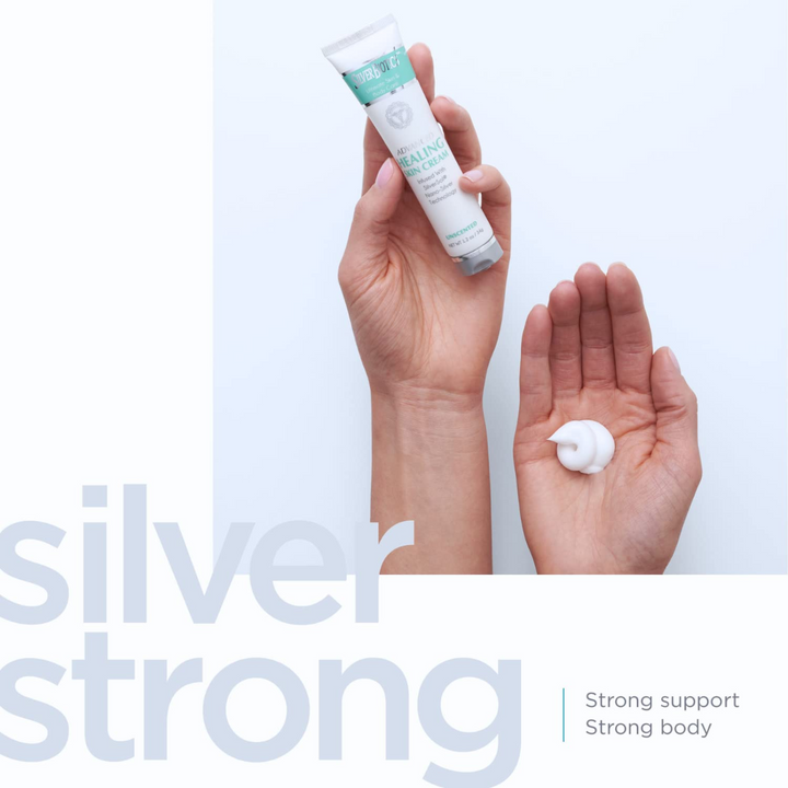 American Biotech Labs Silver Hand and Body Lotion 1.2 Oz tube and lotion on hand, promoting skin hydration.