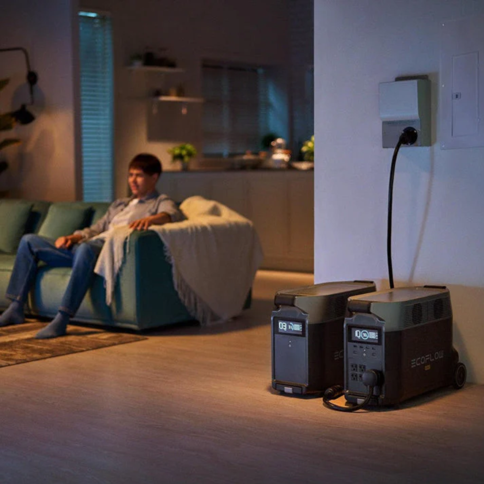 EcoFlow Transfer Switch 306A1 125 250V 30A for Single DELTA Pro Backup in a cozy living space.