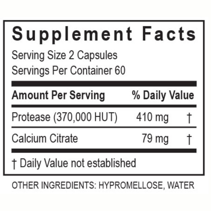 Transformation Enzymes PureZyme supplement facts showing protease and calcium citrate per serving.