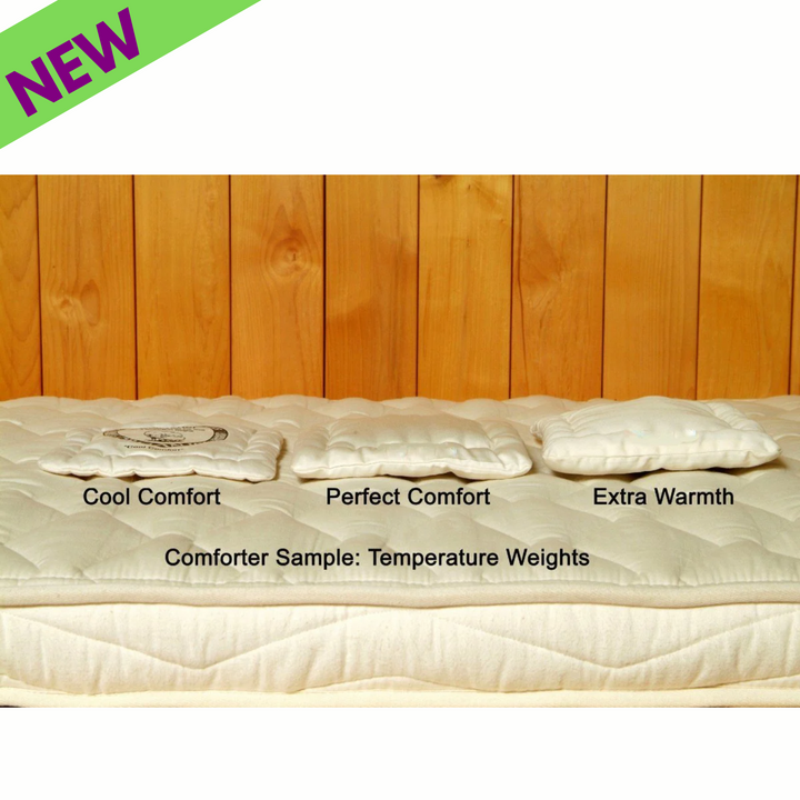 Holy Lamb Organic Wool Comforter sample showing Cool Comfort, Perfect Comfort, and Extra Warmth options.