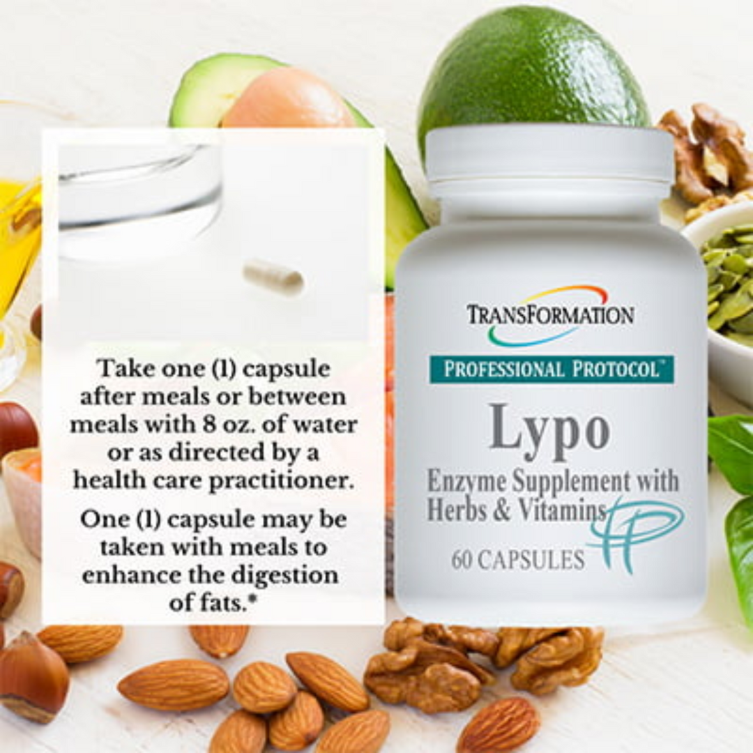 Transformation Enzymes Lypo Support Metabolism Balance 60 Capsules with nuts and lime background.