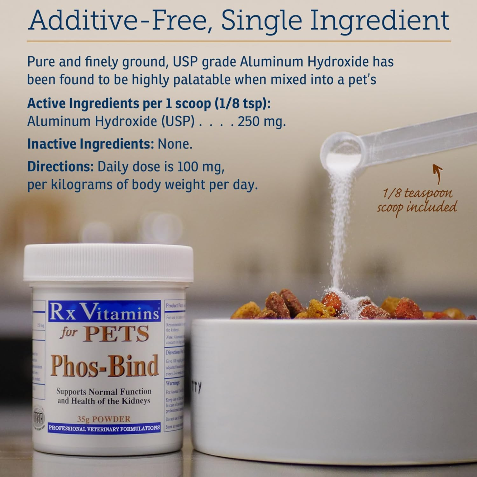 Rx Vitamins For Pets Phos-Bind Powder 35g for pet kidney support, pure aluminum hydroxide scoop being added to food.