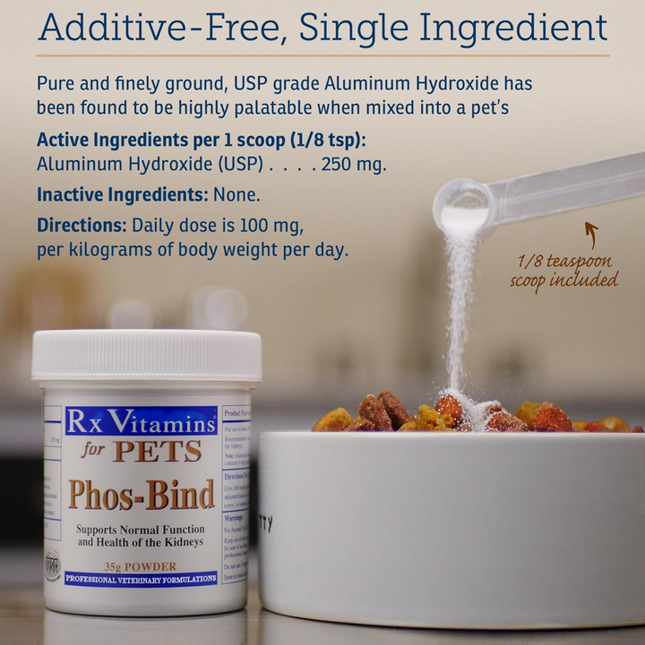 Rx Vitamins For Pets Phos-Bind Powder 35g for pet kidney support, pure aluminum hydroxide scoop being added to food.