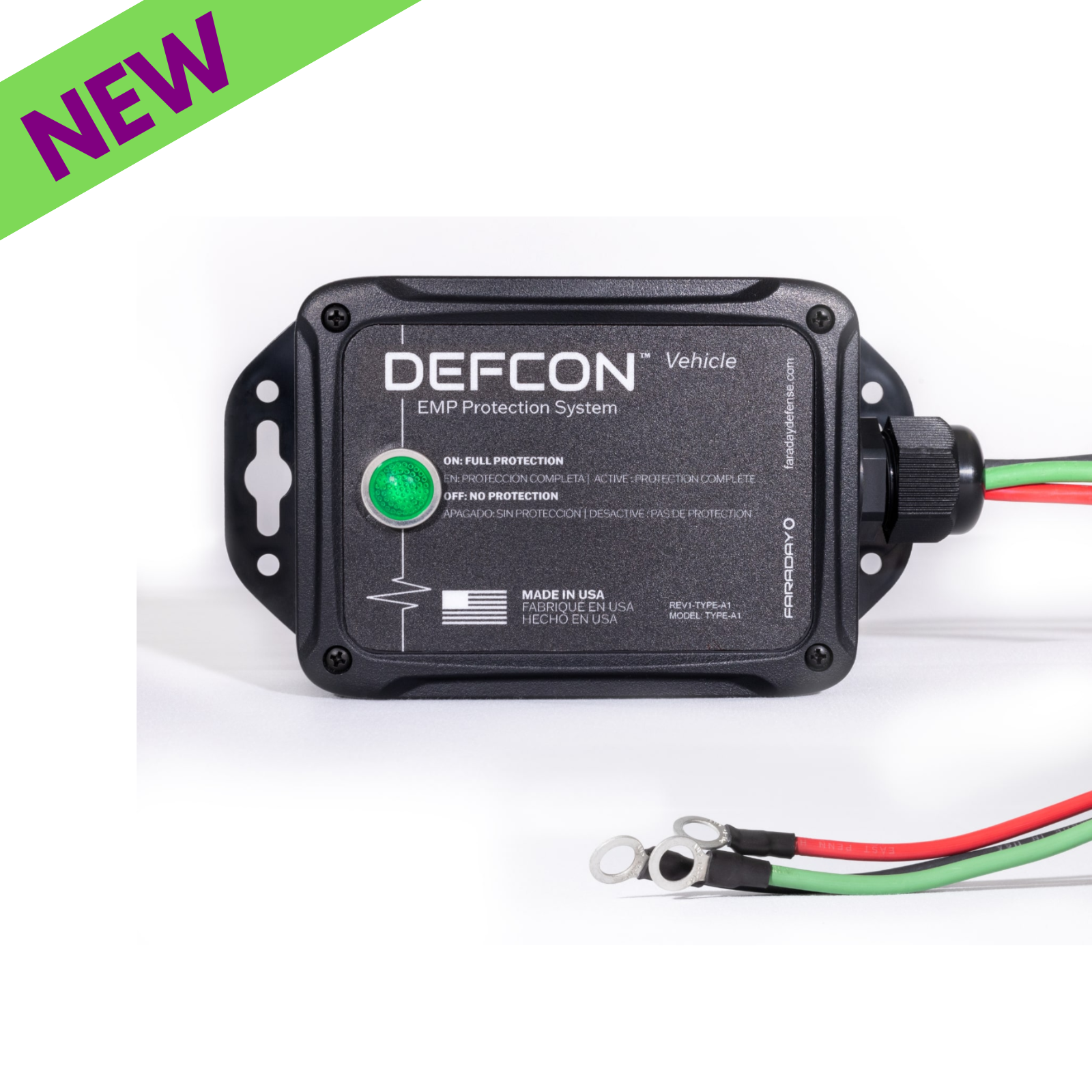 Faraday DEFCON Vehicle Advanced Security and EMP Protection System with indicator light and wiring connections.