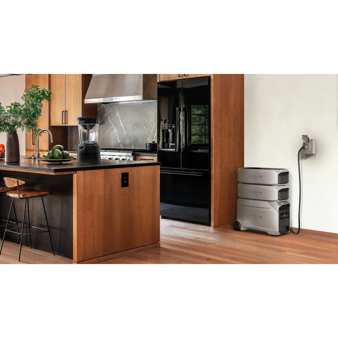 EcoFlow DELTA Pro 3 Solar Power Kit displayed in a modern kitchen with appliances and a stylish wooden backdrop.