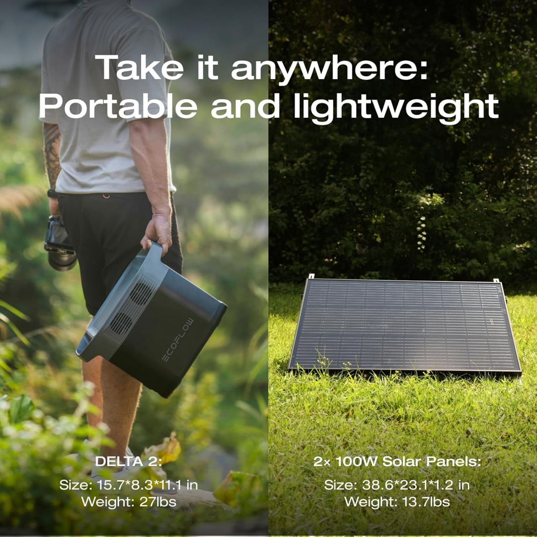 EcoFlow DELTA 2 Portable Power Station + QTY 2 100W Rigid 12V Solar Panels shown in a natural outdoor setting.