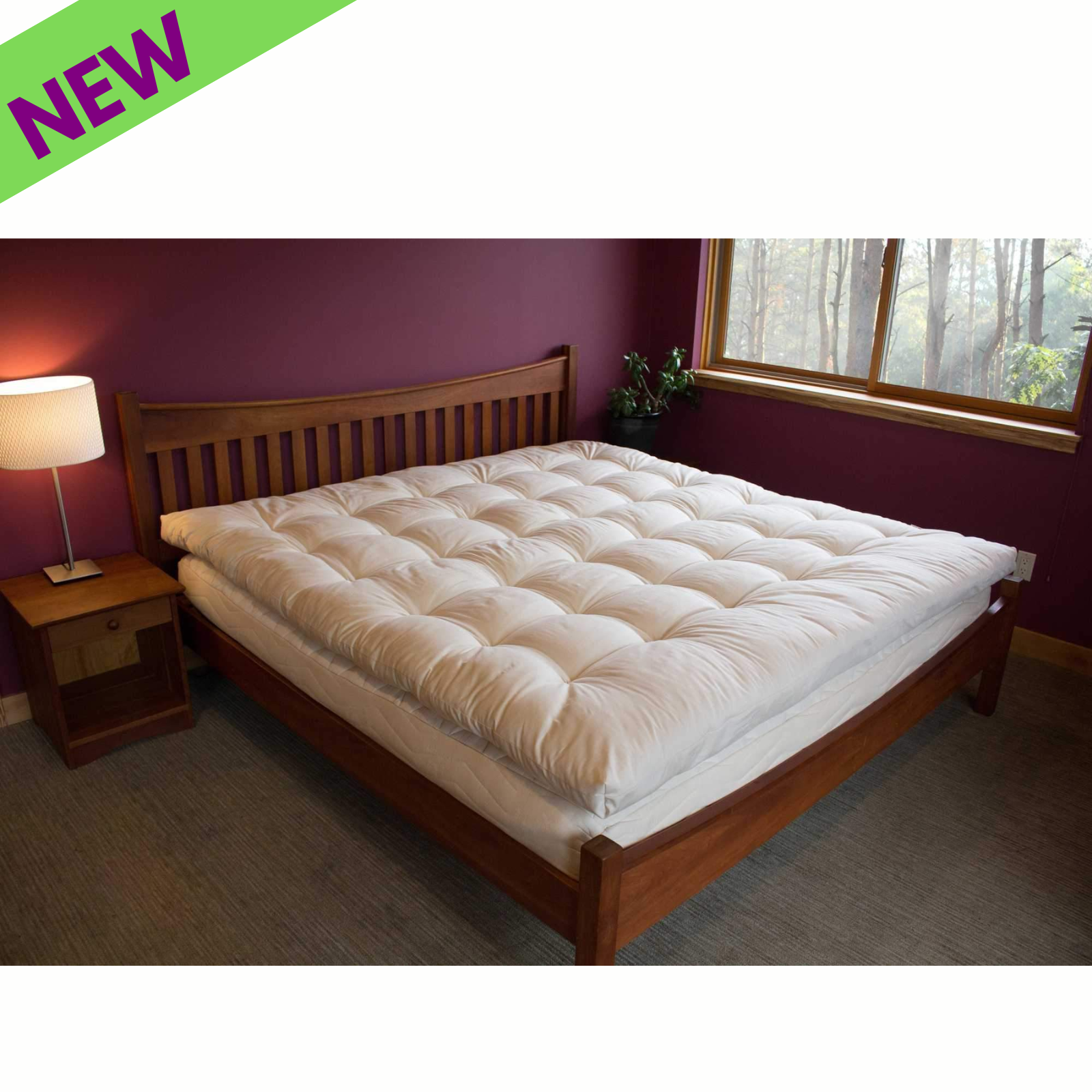 Holy Lamb Quilted Topper Cal King Size on a wooden bed in a cozy bedroom with soft lighting.