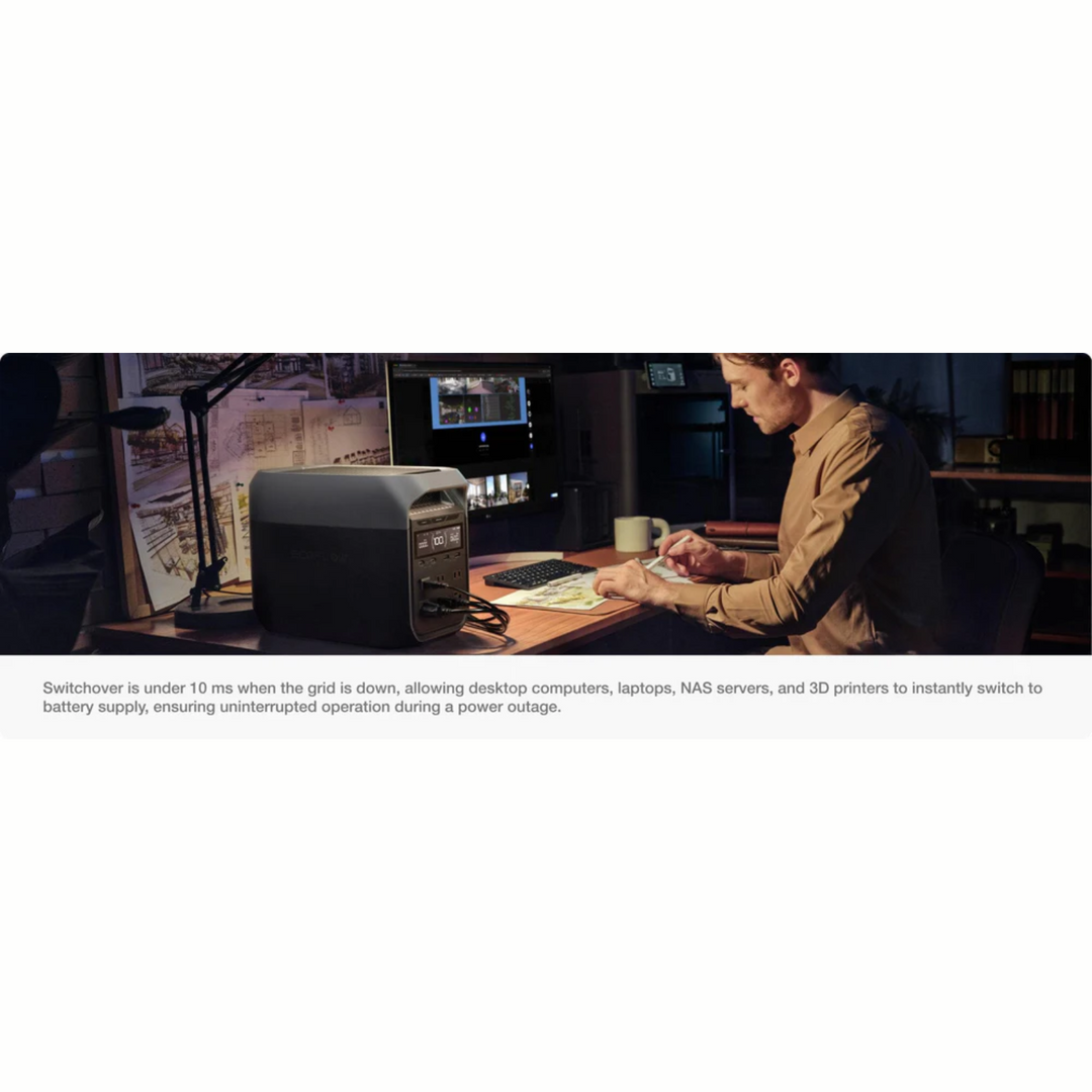 EcoFlow DELTA 3 Portable Power Station Fast Charging 1024Wh Capacity X-Boost in use at a workspace for uninterrupted power.