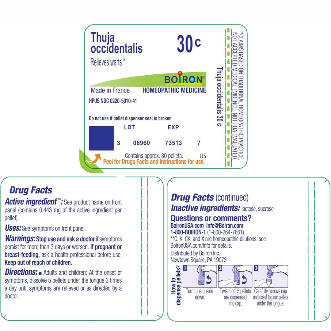Boiron Laboratories Thuja 30C homeopathic remedy label showing Thuja occidentalis for immune health and skin concerns.