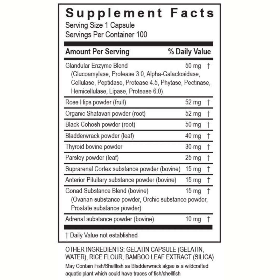 Supplement Facts for Transformation Enzymes MasterZyme, detailing ingredients and nutritional information for hormone balance support.