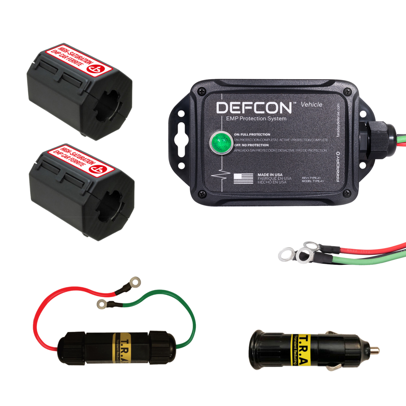 Faraday DEFCON Vehicle Plus EMP Vehicle Protection Kit components including EMP protection device and connectors.