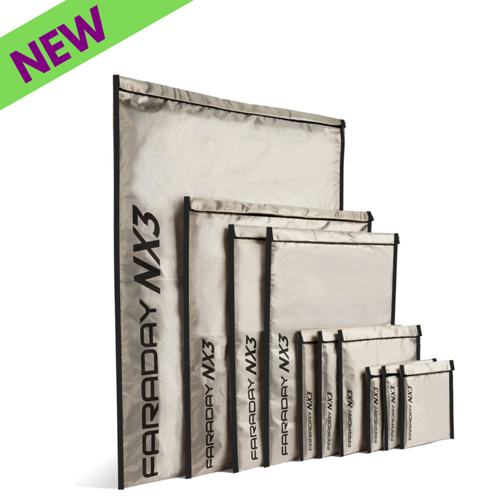 Faraday 10 PC Mega Kit NX3 collection of triple-layer CYBER fabric Faraday bags protecting devices from signals.